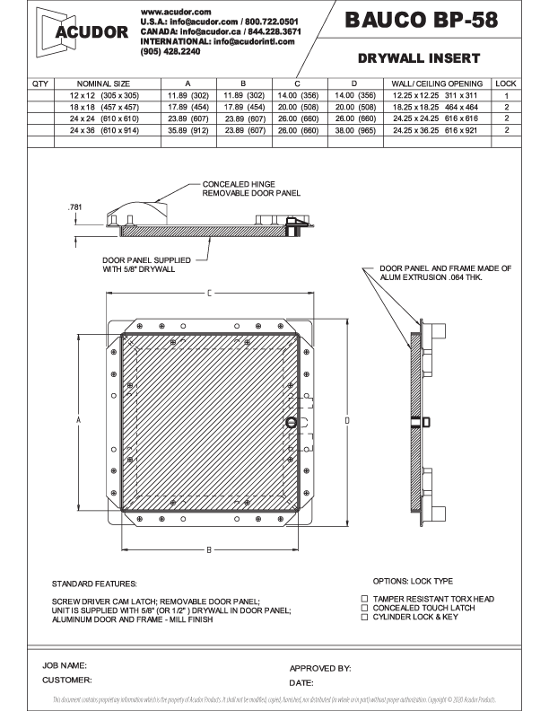 BP58 18in x 18in, Bauco Plus, Drywall Panel Door